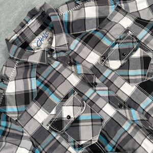 Chalc Mens XL Plaid Western Button Down Shirt Grey Turquoise Contrast Stitch